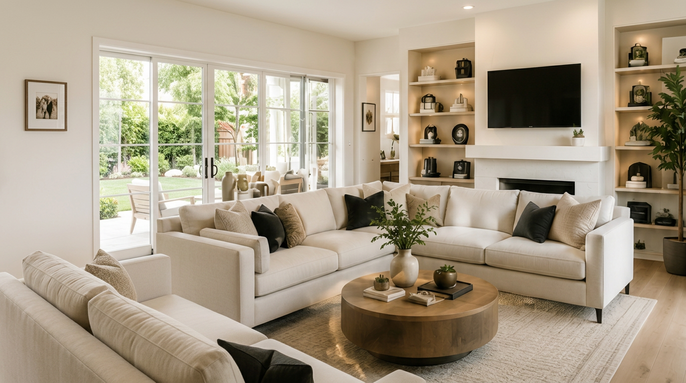 Bright modern living room with white sofa, round coffee table, and built-in shelves